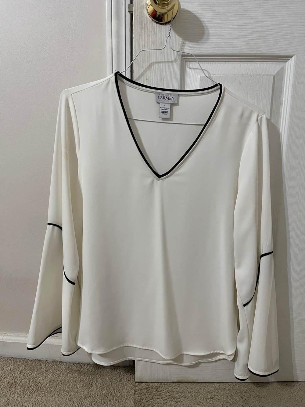 Carmen White V-Neck Blouse with Black Trim